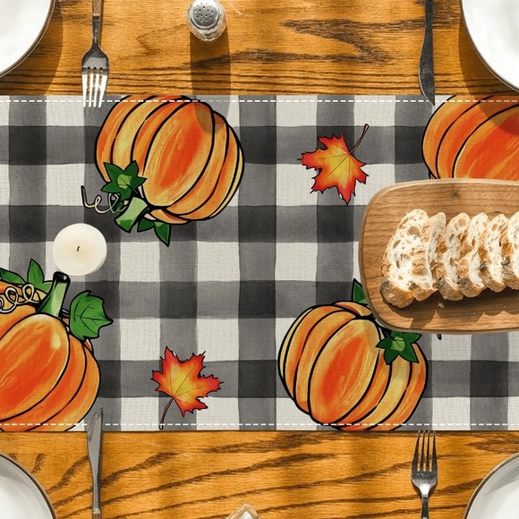 NWT- Black & White Buffalo Check Plaid Table Runner w/Orange Pumpkins & 🍁 72x13 - Picture 5 of 7